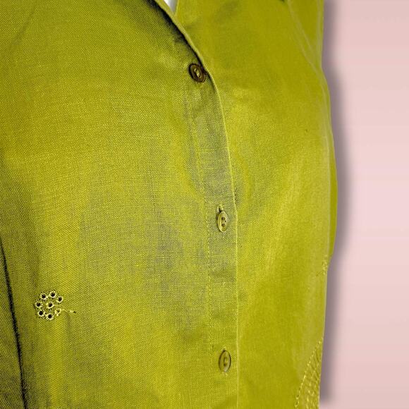 Y2K ICE Linen Embroidered Vest Scalloped Hem Floral Cutwork Button Up Green ✧M/L - Picture 5 of 8